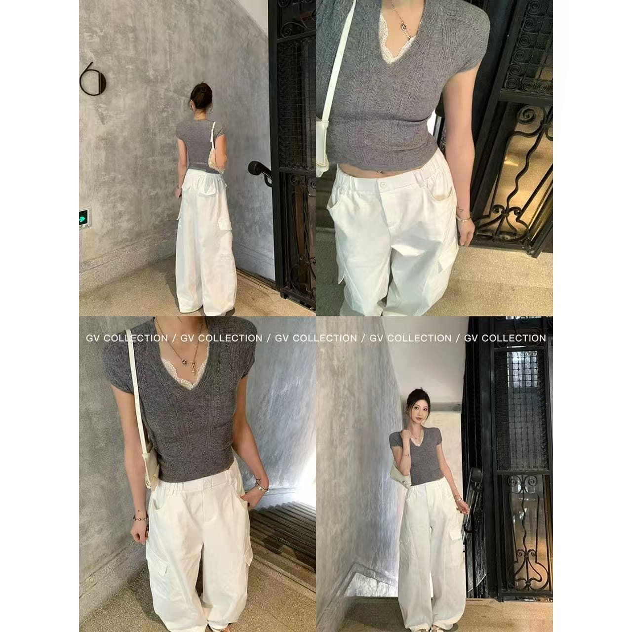 gv 큰 흰색 형제 빛 크림 질감 니트 레이스 조각 몸매 가꾸기 반팔 맨위 봄 여름 새로운 핫걸 이미지 3