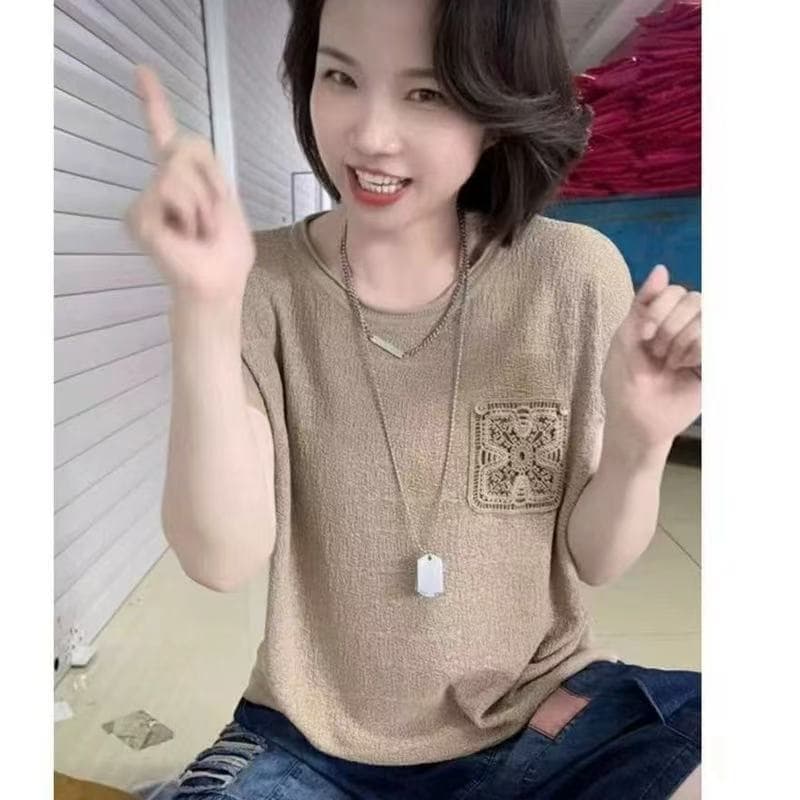 새로운 얇은 스타일 외국 가스 여름 빅 사이즈 얼음 실크 니트 티셔츠 여성용 짧은 소매 루즈핏 한국 스타일 패션 연령 감소 짧은 여성 상세 이미지 2