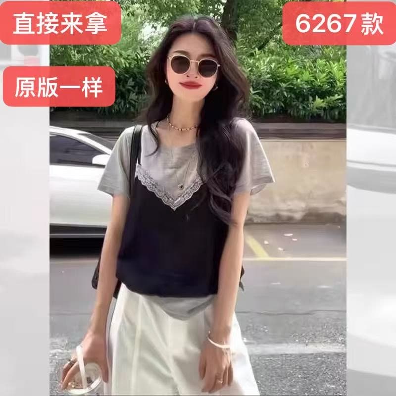 회색 얼음 실크 레이스 조각 페이크 레이어드 반팔 티셔츠 여성 여름 얇은 스타일 작은 키 긍정적 인 어깨 쇼트 스타일 맨위