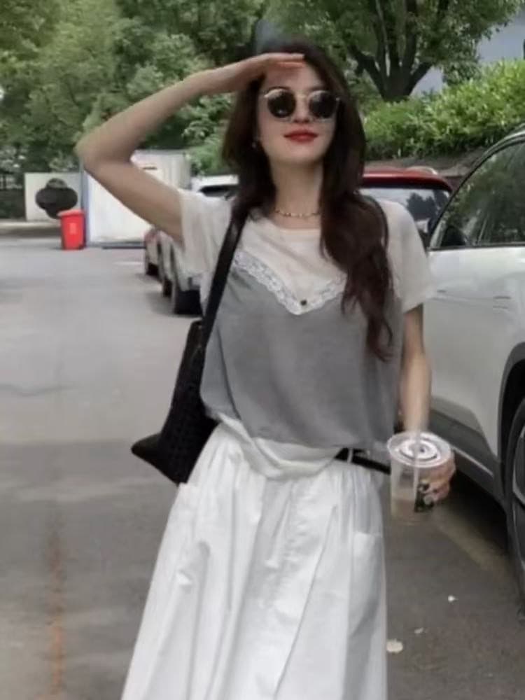 회색 얼음 실크 레이스 조각 페이크 레이어드 반팔 티셔츠 여성 여름 얇은 스타일 작은 키 긍정적 인 어깨 쇼트 스타일 맨위 상세 이미지 1