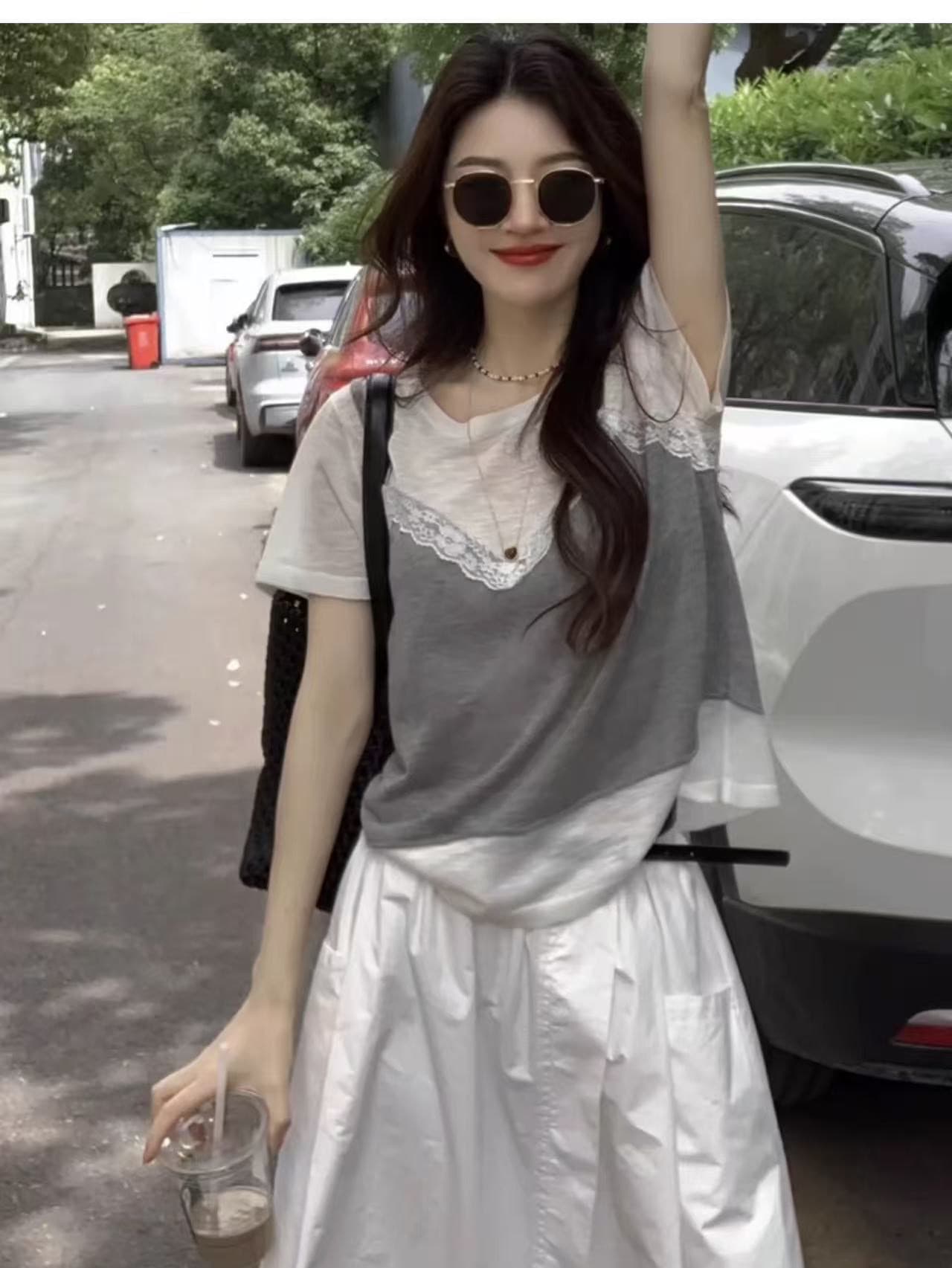 회색 얼음 실크 레이스 조각 페이크 레이어드 반팔 티셔츠 여성 여름 얇은 스타일 작은 키 긍정적 인 어깨 쇼트 스타일 맨위 상세 이미지 5
