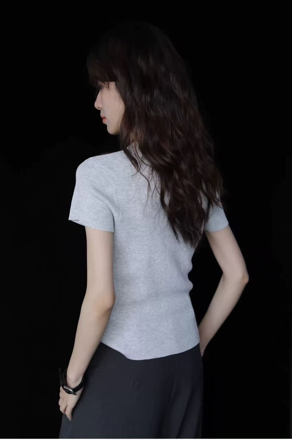 레트로 출퇴근 바람 반팔 티셔츠 여성 여름 몸매 가꾸기 V넥 디자인 센스 회색 풀오버 여름 니트 미니멀리즘 맨위 서비스 상세 이미지 7