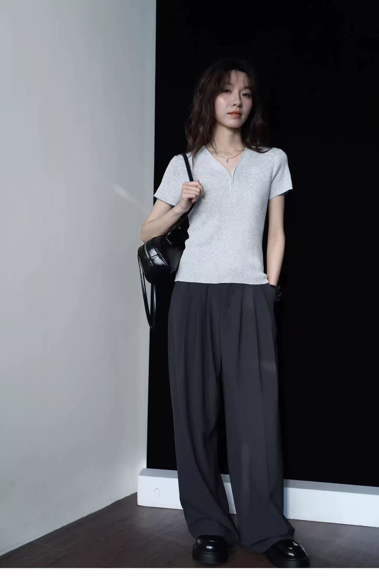 레트로 출퇴근 바람 반팔 티셔츠 여성 여름 몸매 가꾸기 V넥 디자인 센스 회색 풀오버 여름 니트 미니멀리즘 맨위 서비스 상세 이미지 8