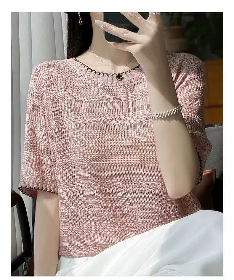 패션 자카드 반팔 티셔츠 여성 여름 2026 새로운 기본 셔츠 외국 가스 빅 사이즈 여성 의류 얼음 실크 니트 맨위 상세 이미지 4