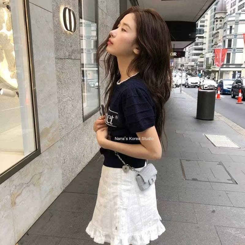 한국 여덟 우유 여름 레트로 몸매 가꾸기 슬림해 보이는 레이스 라운드 넥 알파벳 홀로우 아웃 자카드 니트 반팔 맨위 상세 이미지 1
