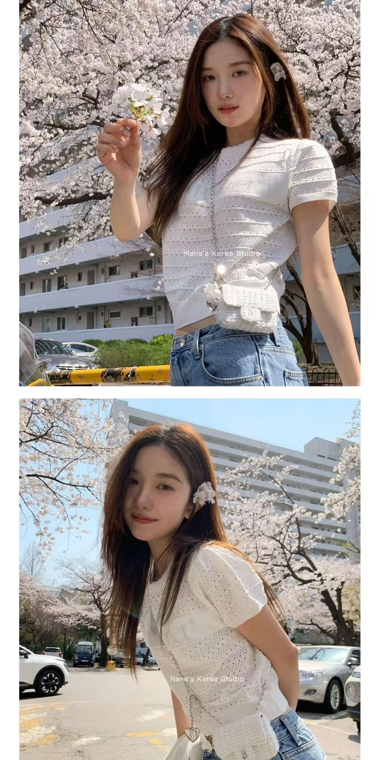 한국 여덟 우유 여름 레트로 몸매 가꾸기 슬림해 보이는 레이스 라운드 넥 알파벳 홀로우 아웃 자카드 니트 반팔 맨위 상세 이미지 4