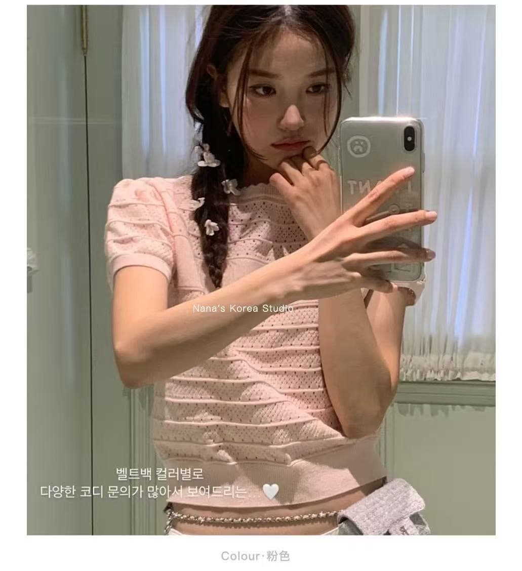 한국 여덟 우유 여름 레트로 몸매 가꾸기 슬림해 보이는 레이스 라운드 넥 알파벳 홀로우 아웃 자카드 니트 반팔 맨위 상세 이미지 5