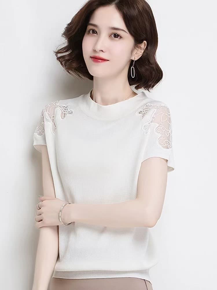 새로운 뽕나무 누에 실크 여성용 짧은 소매 티셔츠 루즈핏 슬림해 보이는 풀오버 여름 반소매 얼음 실크 맨위 여성 이미지 3