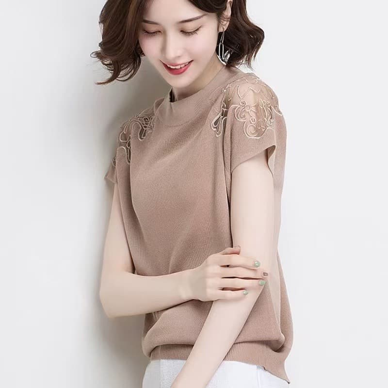 새로운 뽕나무 누에 실크 여성용 짧은 소매 티셔츠 루즈핏 슬림해 보이는 풀오버 여름 반소매 얼음 실크 맨위 여성 이미지 4