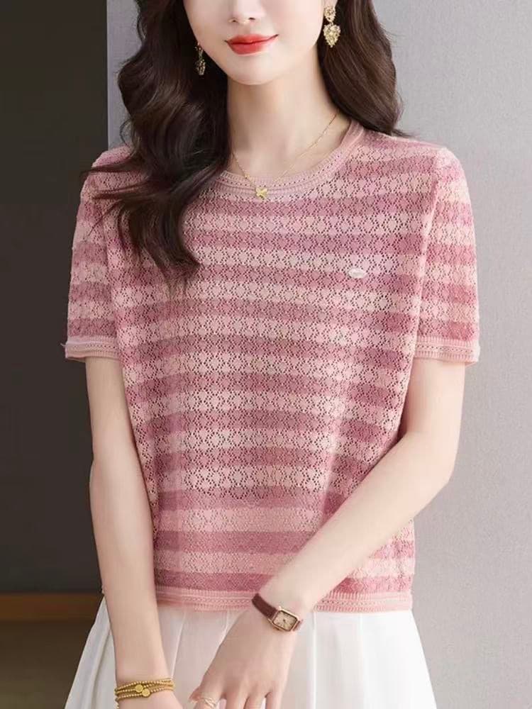 스트라이프 얼음 실크 니트 스웨터 티셔츠 여성용 짧은 소매 여름 새로운 중년 엄마 홀로우 아웃 얇은 스타일 만나는 맨위 이미지 4