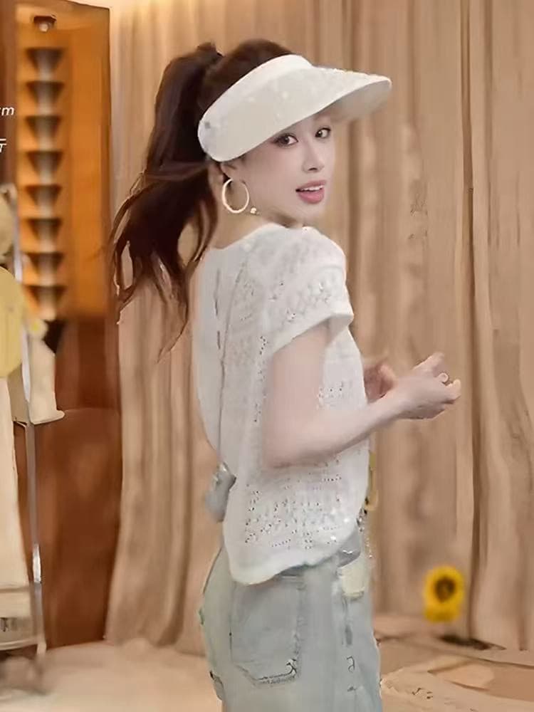 2026 년 여름 새로운 디자인 센스 뒤로 단추 홀로우 아웃 Feifei 소매 스팽글 달콤함 품격 맨위 여성 상세 이미지 2
