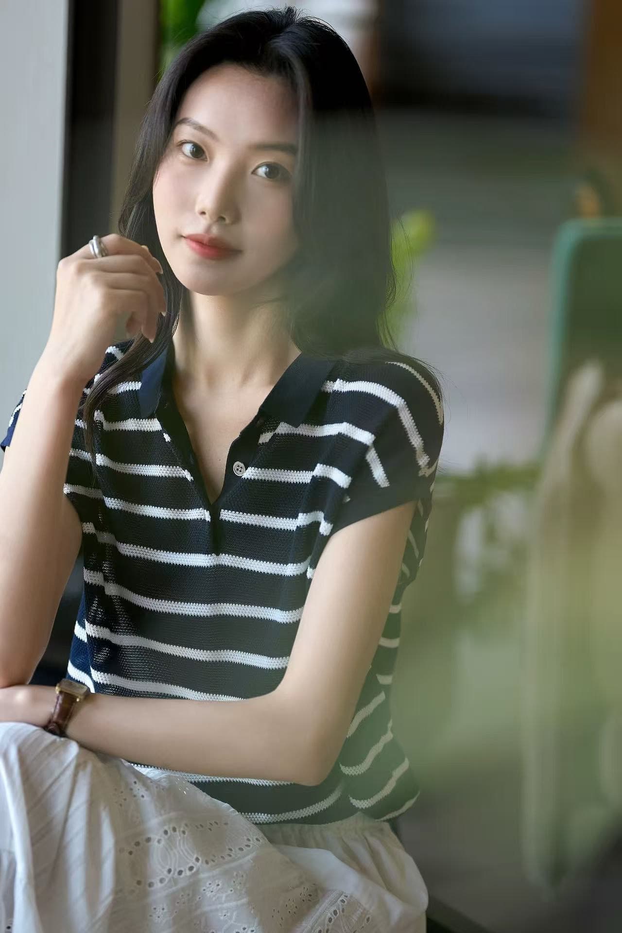 느슨함 레트로 라이 경기 서울 면 뽕나무 누에 실크 클래식 스트라이프 니트 티셔츠 맨위 여성 새로운 상세 이미지 6