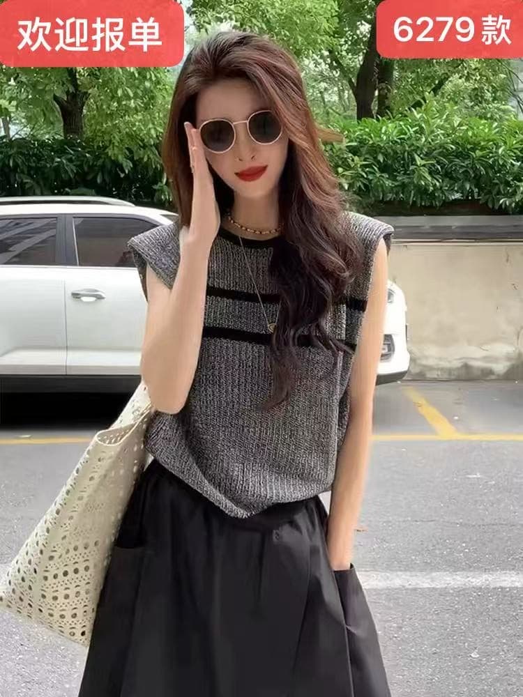 Feifei 소매 스트라이프 얼음 실크 니트 스웨터 여성 유럽 역 여름 드레스 새로운 유럽 상품 여성 의류 외국 가스 기본 셔츠 트렌디