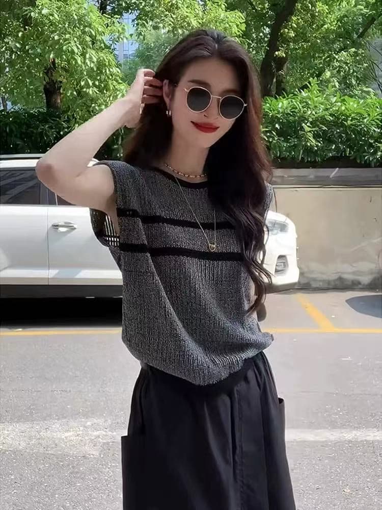 Feifei 소매 스트라이프 얼음 실크 니트 스웨터 여성 유럽 역 여름 드레스 새로운 유럽 상품 여성 의류 외국 가스 기본 셔츠 트렌디 이미지 3