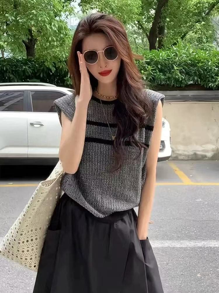 Feifei 소매 스트라이프 얼음 실크 니트 스웨터 여성 유럽 역 여름 드레스 새로운 유럽 상품 여성 의류 외국 가스 기본 셔츠 트렌디 상세 이미지 1
