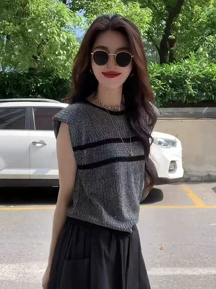 Feifei 소매 스트라이프 얼음 실크 니트 스웨터 여성 유럽 역 여름 드레스 새로운 유럽 상품 여성 의류 외국 가스 기본 셔츠 트렌디 상세 이미지 2