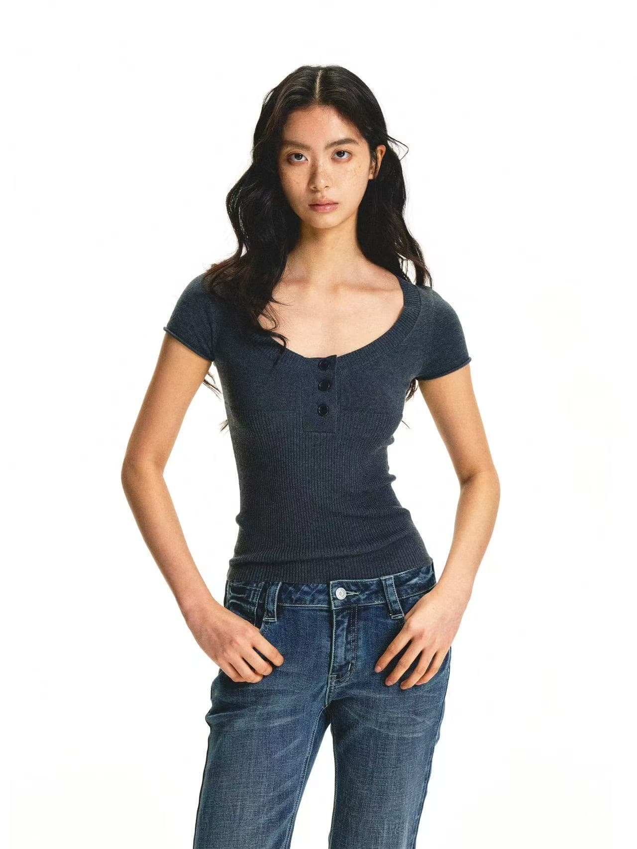 understress 대 u 종류 헨리 칼라 양모 니트 반팔 티셔츠 맨위 여성 아메리칸 핫걸 짧은 맨위 이미지 4