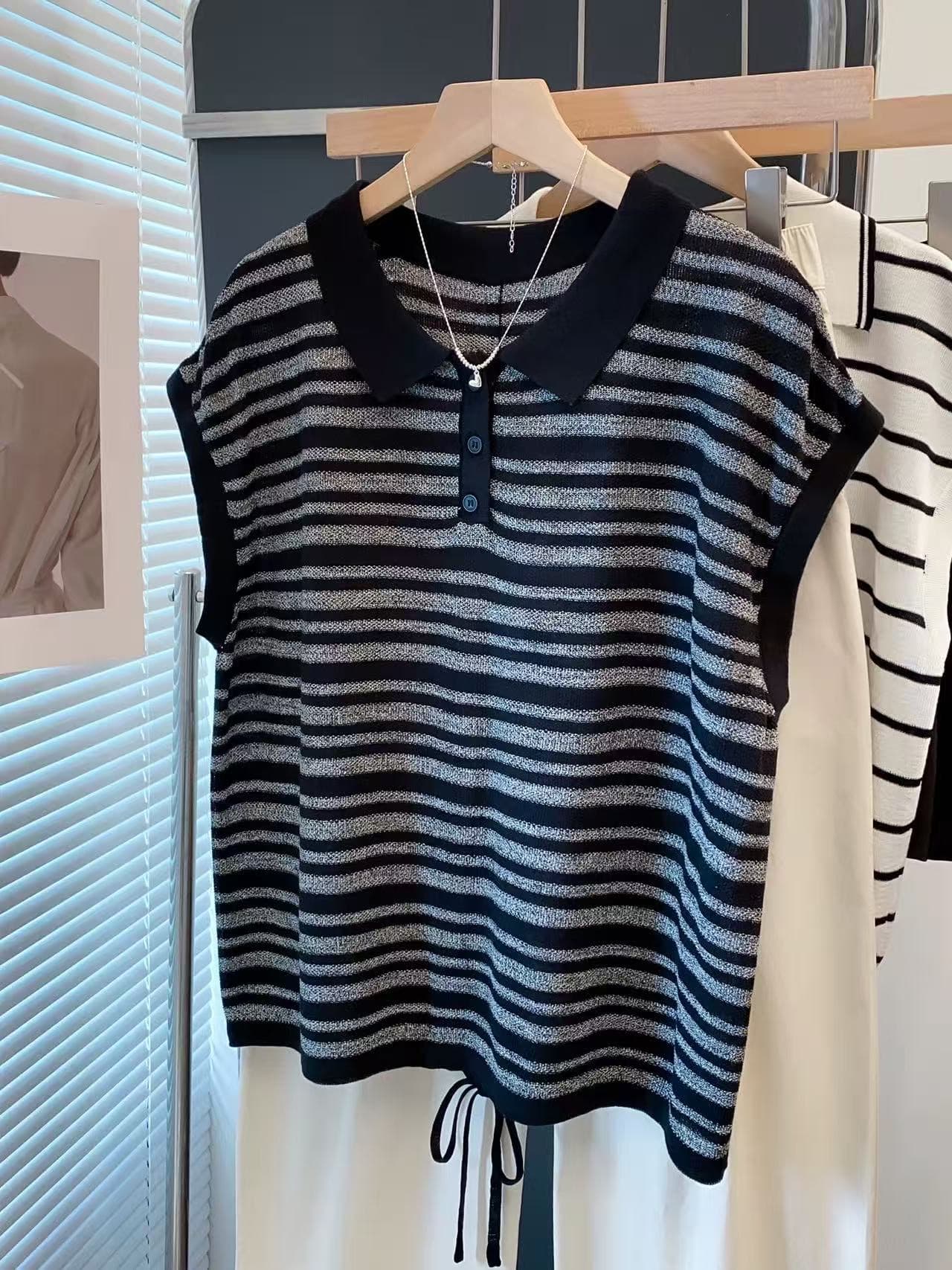 POLO 칼라 스트라이프 레이스업 니트 스웨터 여성 2026 여름 드레스 새로운 루즈핏 느긋한 바람 맨위 얇은 반팔 티셔츠 트렌디 상세 이미지 1