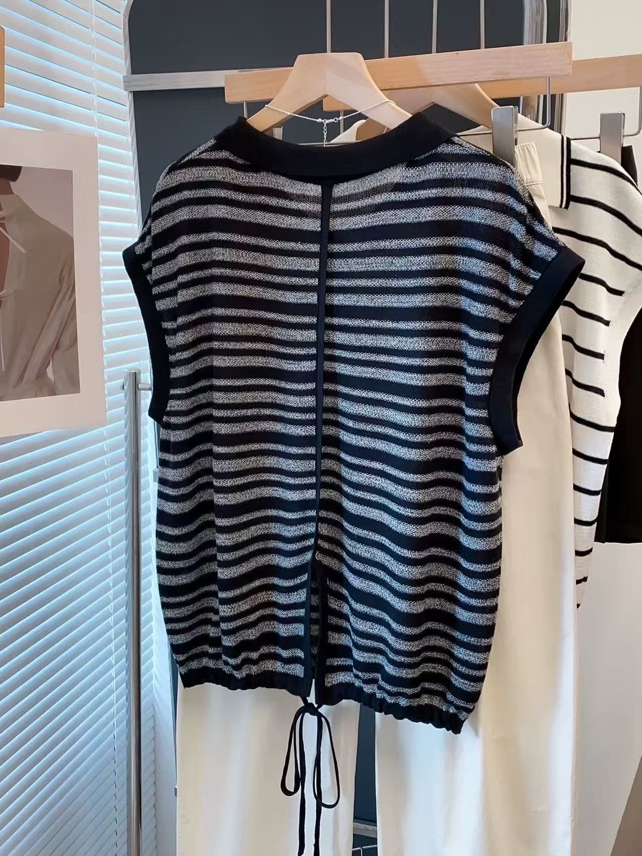 POLO 칼라 스트라이프 레이스업 니트 스웨터 여성 2026 여름 드레스 새로운 루즈핏 느긋한 바람 맨위 얇은 반팔 티셔츠 트렌디 상세 이미지 7