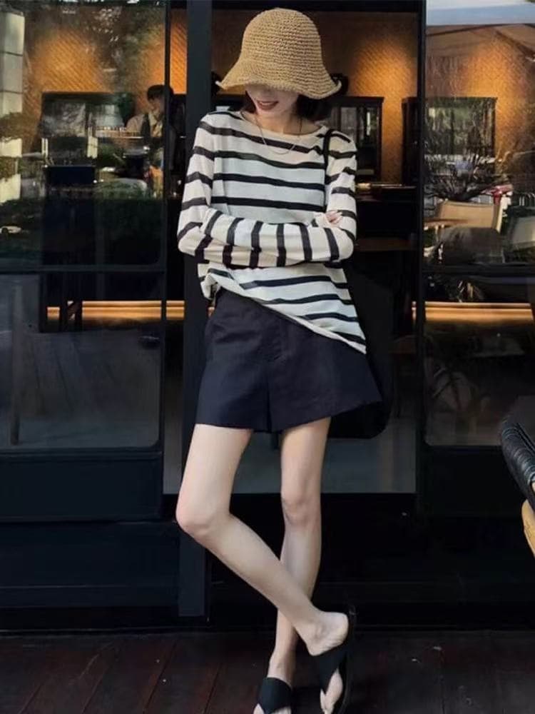 흑백 줄무늬 얼음 실크 니트 자외선 차단 에어컨 블라우스 여성 여름 얇은 스타일 외부 가져 가라. 차가운 루즈핏 도루 센스 맨위 여름 상세 이미지 2