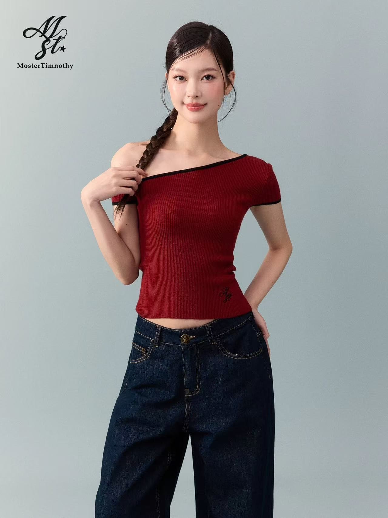 여름 오리지널 비스듬한 어깨 니트 배색 반팔 몸매 가꾸기 슬림해 보이는 핫걸 오프숄더 티셔츠 여성 이미지 4