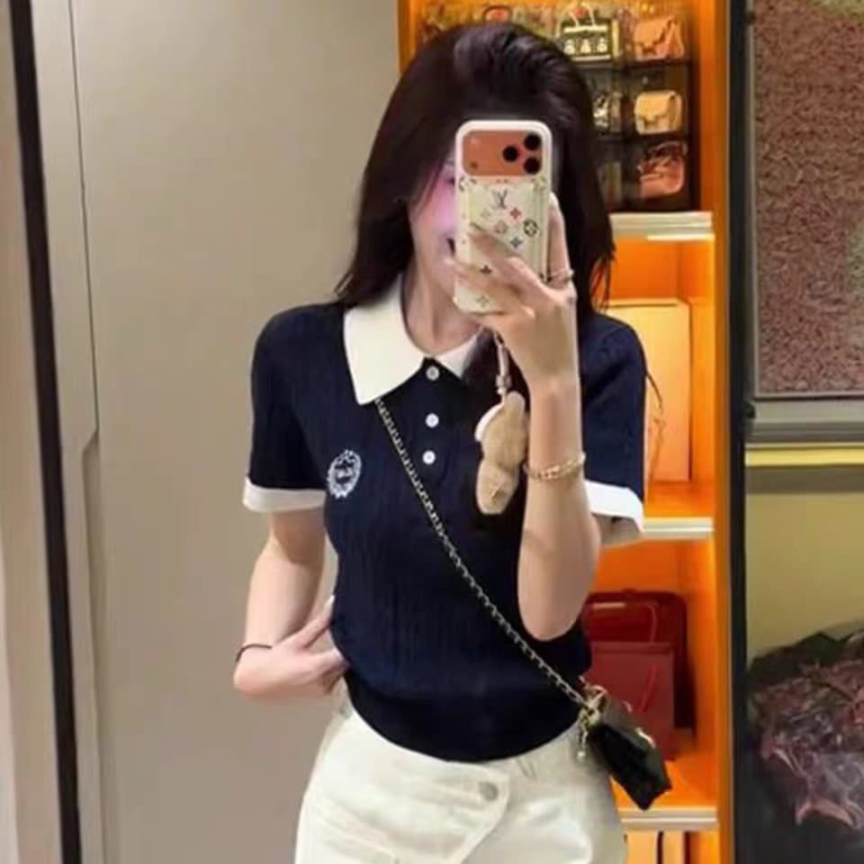 한 부서 학원 스타일 POLO 칼라 자수 얼음 실크 니트 반팔 티셔츠 여성 여름 배색 외국 가스 연령 감소 슬림해 보이는 맨위 상세 이미지 3