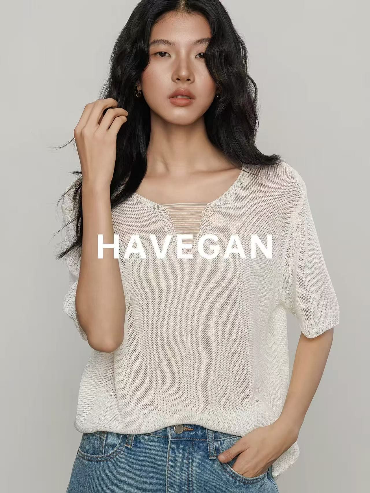 와 객실 havegan 여름 주간 차가운 아마 V넥 루즈핏 니트 티셔츠 여성 2026 새로운 반팔 느긋한 맨위 상세 이미지 1