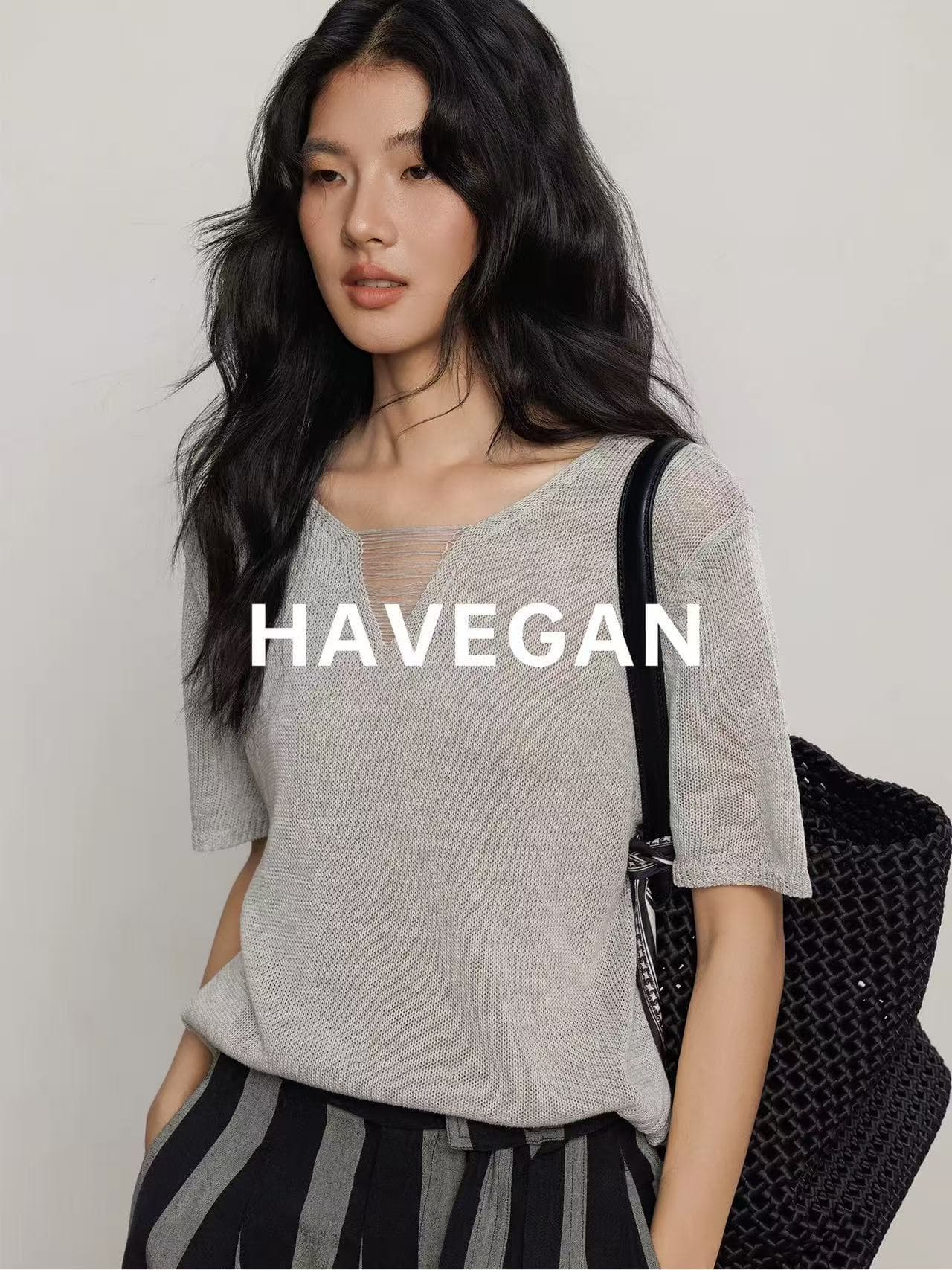 와 객실 havegan 여름 주간 차가운 아마 V넥 루즈핏 니트 티셔츠 여성 2026 새로운 반팔 느긋한 맨위 상세 이미지 2