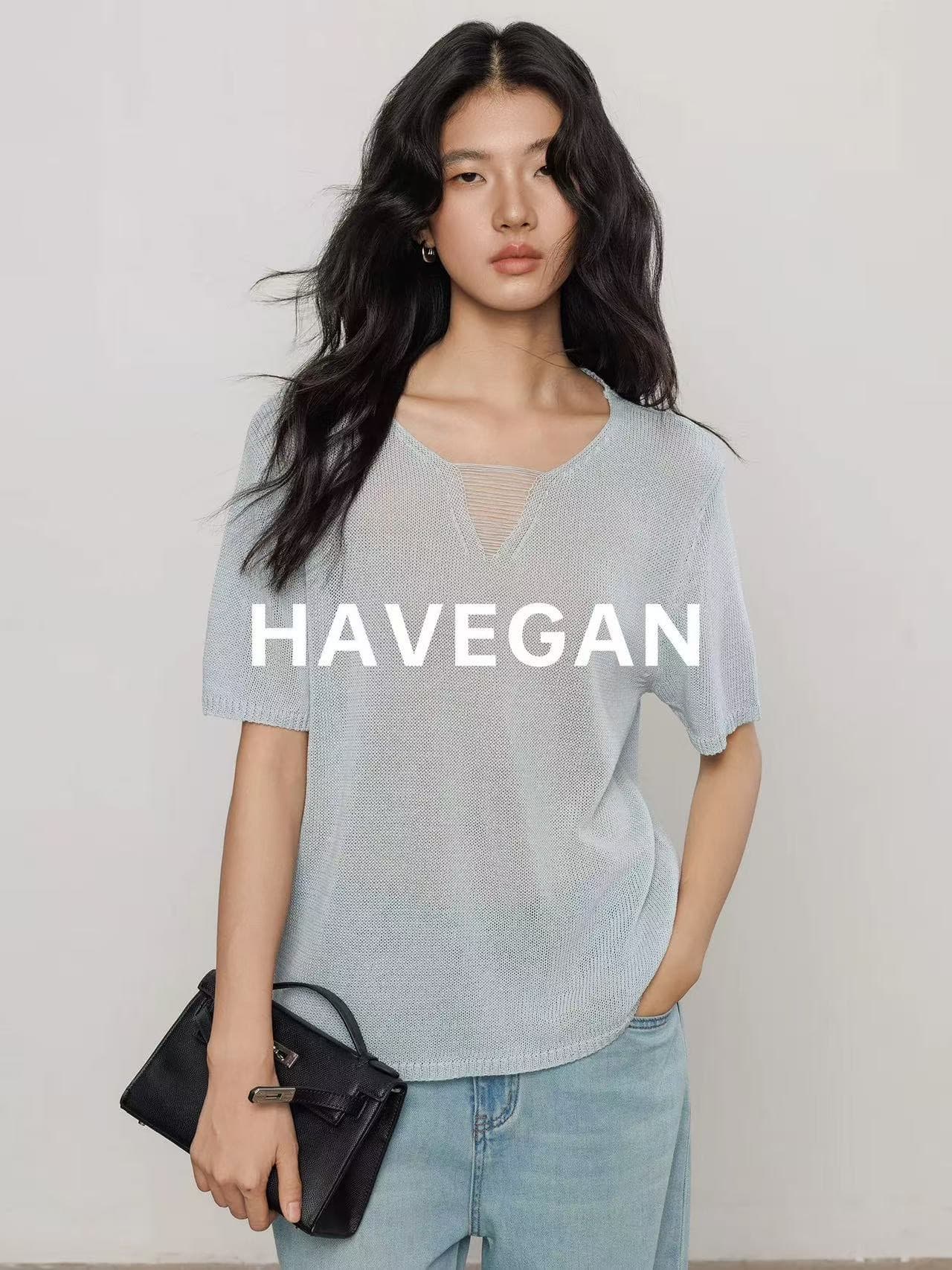 와 객실 havegan 여름 주간 차가운 아마 V넥 루즈핏 니트 티셔츠 여성 2026 새로운 반팔 느긋한 맨위 상세 이미지 3