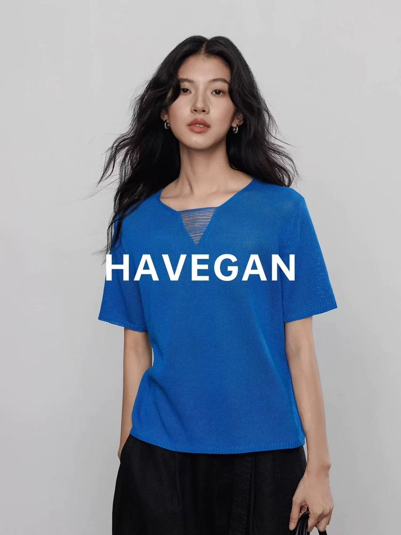 와 객실 havegan 여름 주간 차가운 아마 V넥 루즈핏 니트 티셔츠 여성 2026 새로운 반팔 느긋한 맨위 상세 이미지 5