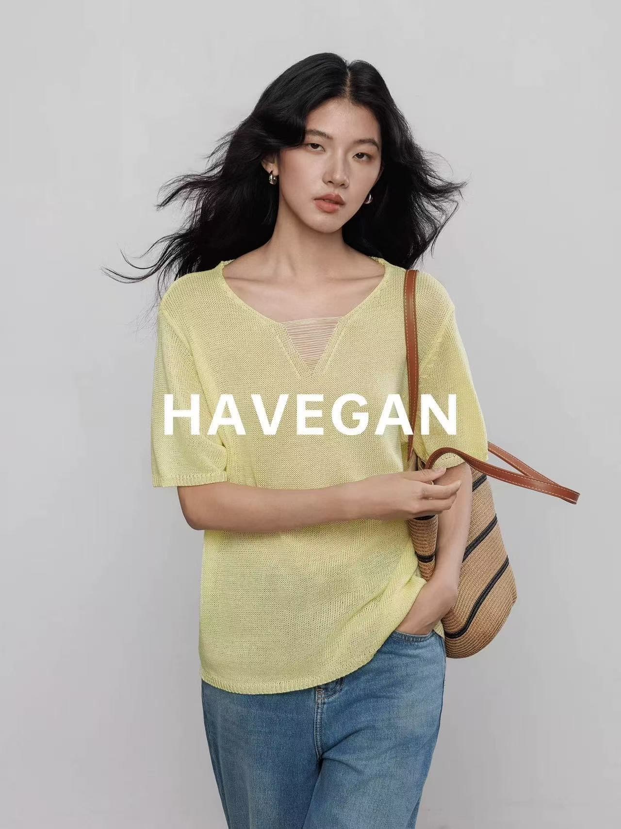 와 객실 havegan 여름 주간 차가운 아마 V넥 루즈핏 니트 티셔츠 여성 2026 새로운 반팔 느긋한 맨위 상세 이미지 6