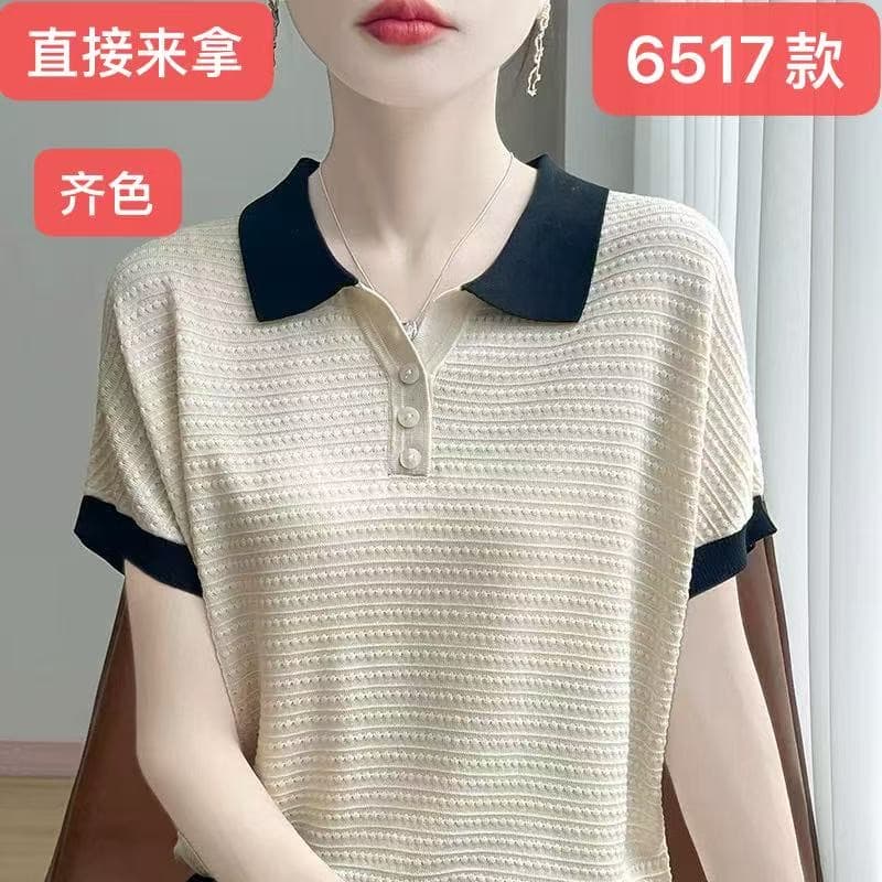 여름 미니멀리즘 배색 패션 작은 폴로 칼라 반팔 여성 슬림해 보이는 긍정적 인 어깨 POLO 칼라 보다 작은 서울 주간 실크 티셔츠 맨위