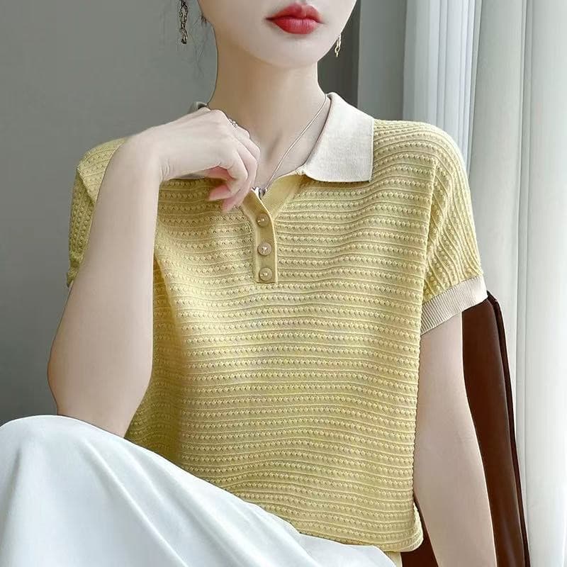 여름 미니멀리즘 배색 패션 작은 폴로 칼라 반팔 여성 슬림해 보이는 긍정적 인 어깨 POLO 칼라 보다 작은 서울 주간 실크 티셔츠 맨위 이미지 2