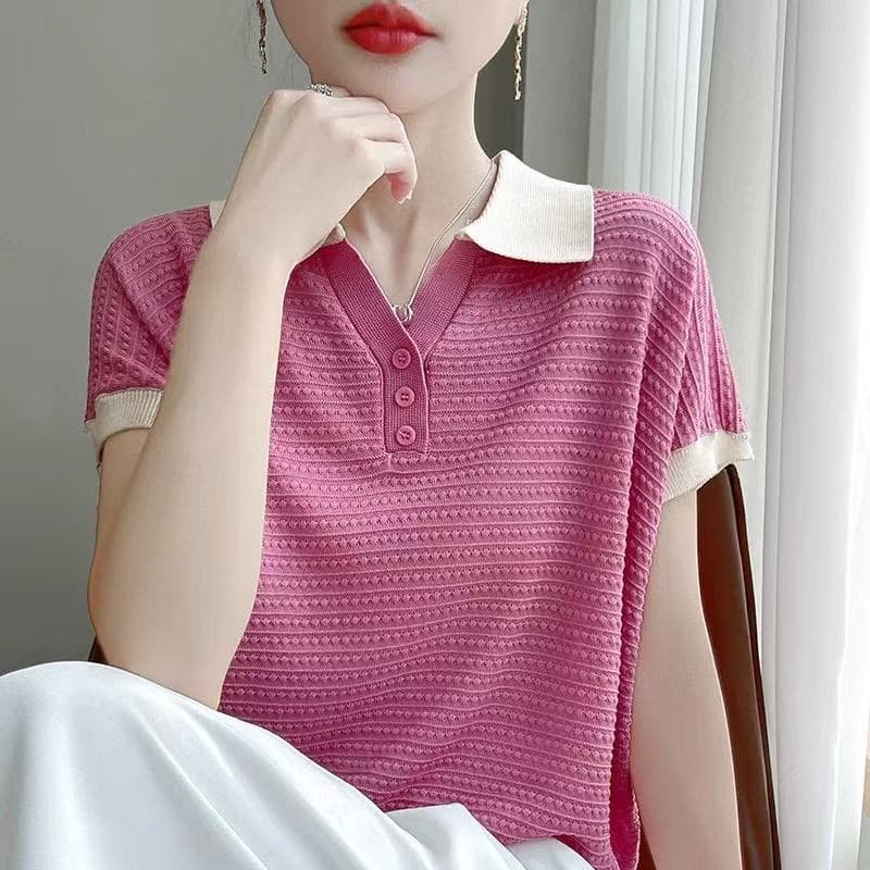 여름 미니멀리즘 배색 패션 작은 폴로 칼라 반팔 여성 슬림해 보이는 긍정적 인 어깨 POLO 칼라 보다 작은 서울 주간 실크 티셔츠 맨위 이미지 3