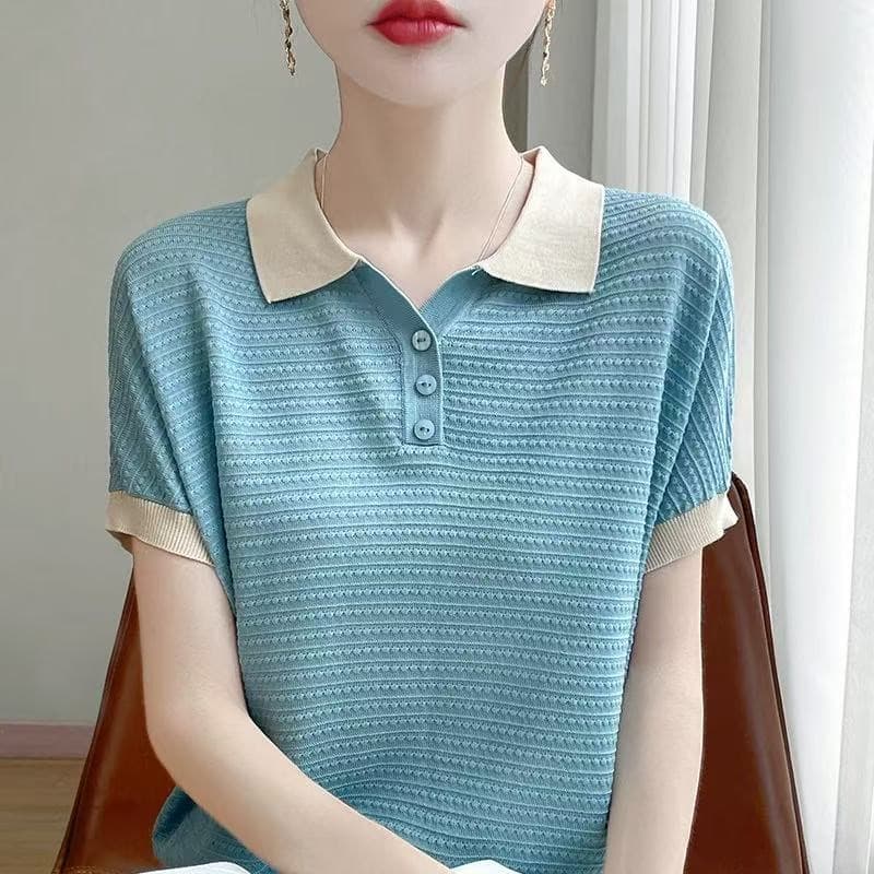여름 미니멀리즘 배색 패션 작은 폴로 칼라 반팔 여성 슬림해 보이는 긍정적 인 어깨 POLO 칼라 보다 작은 서울 주간 실크 티셔츠 맨위 이미지 5