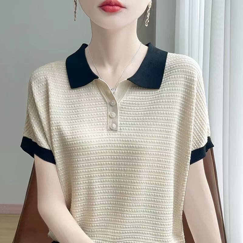 여름 미니멀리즘 배색 패션 작은 폴로 칼라 반팔 여성 슬림해 보이는 긍정적 인 어깨 POLO 칼라 보다 작은 서울 주간 실크 티셔츠 맨위 이미지 4