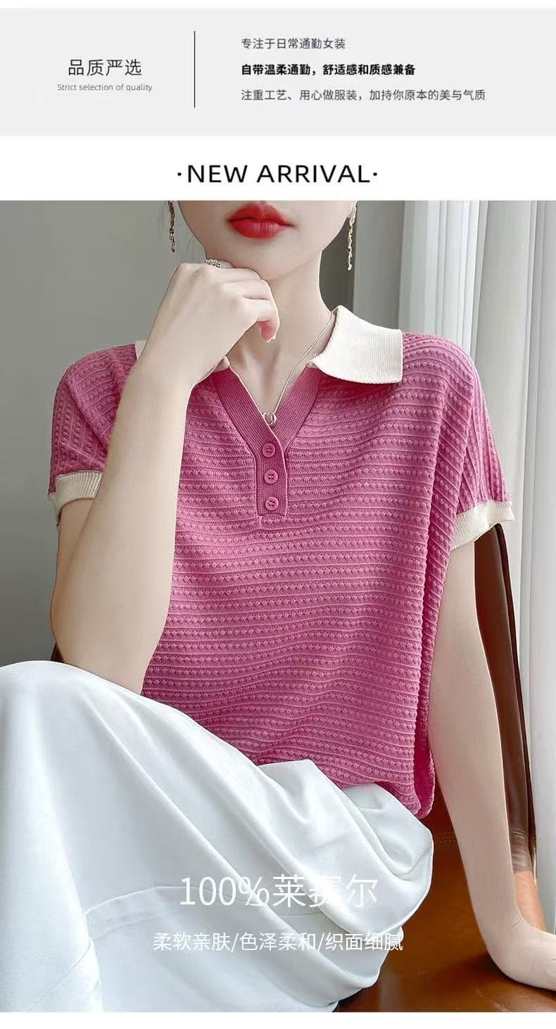 여름 미니멀리즘 배색 패션 작은 폴로 칼라 반팔 여성 슬림해 보이는 긍정적 인 어깨 POLO 칼라 보다 작은 서울 주간 실크 티셔츠 맨위 상세 이미지 7
