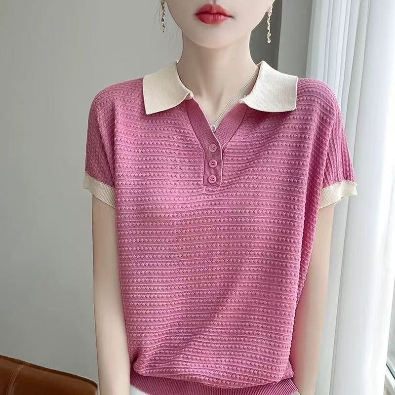 여름 미니멀리즘 배색 패션 작은 폴로 칼라 반팔 여성 슬림해 보이는 긍정적 인 어깨 POLO 칼라 보다 작은 서울 주간 실크 티셔츠 맨위 상세 이미지 8