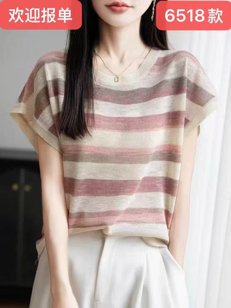 여름 아름다운 문단 염색 라운드 넥 작은 날다 소매 반팔 여성 얇은 스타일 통기성 대나무 마디 마 레트로 스트라이프 니트 티셔츠