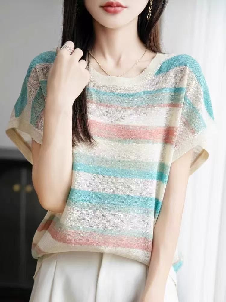 여름 아름다운 문단 염색 라운드 넥 작은 날다 소매 반팔 여성 얇은 스타일 통기성 대나무 마디 마 레트로 스트라이프 니트 티셔츠 이미지 4