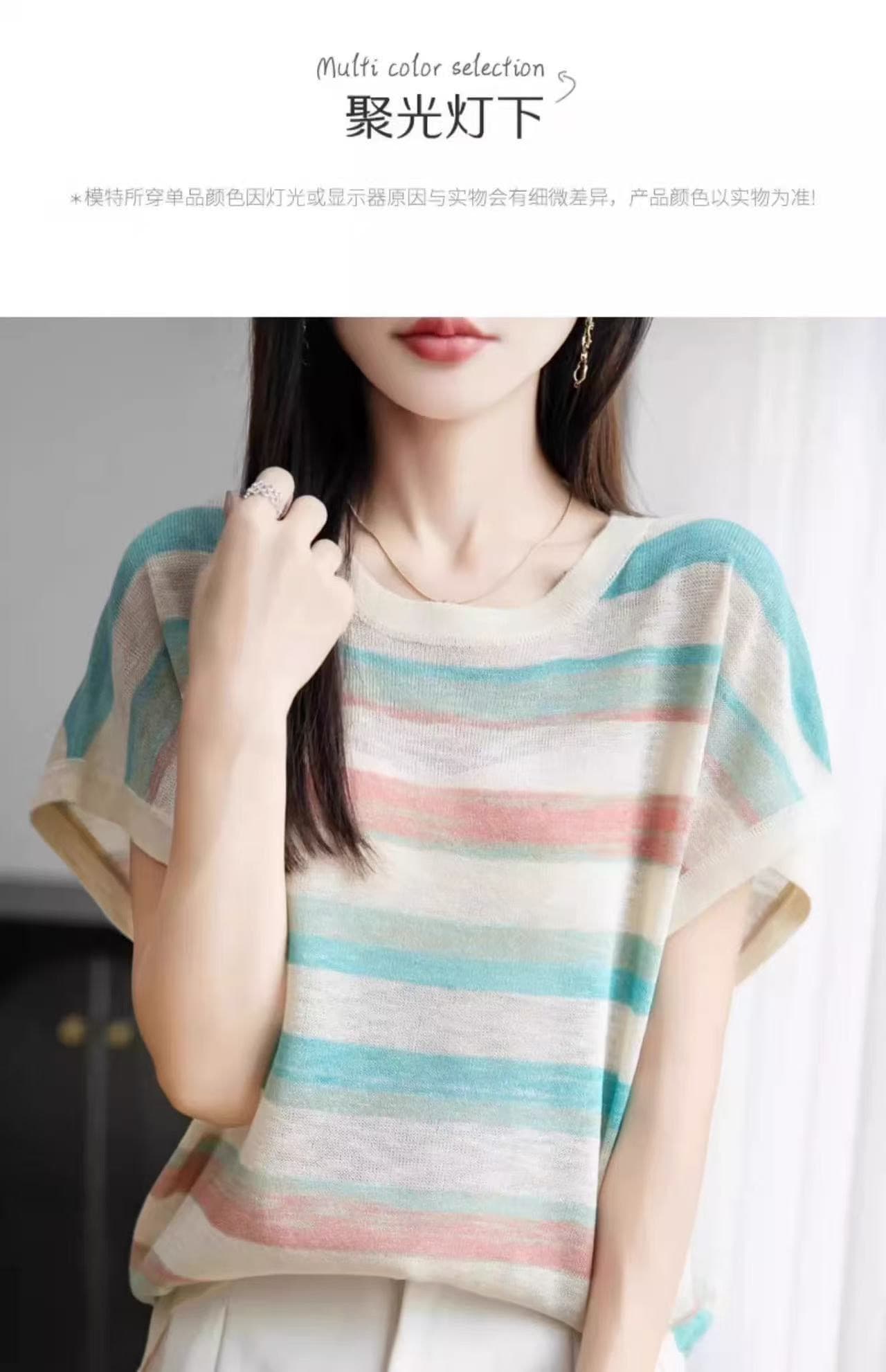 여름 아름다운 문단 염색 라운드 넥 작은 날다 소매 반팔 여성 얇은 스타일 통기성 대나무 마디 마 레트로 스트라이프 니트 티셔츠 상세 이미지 3