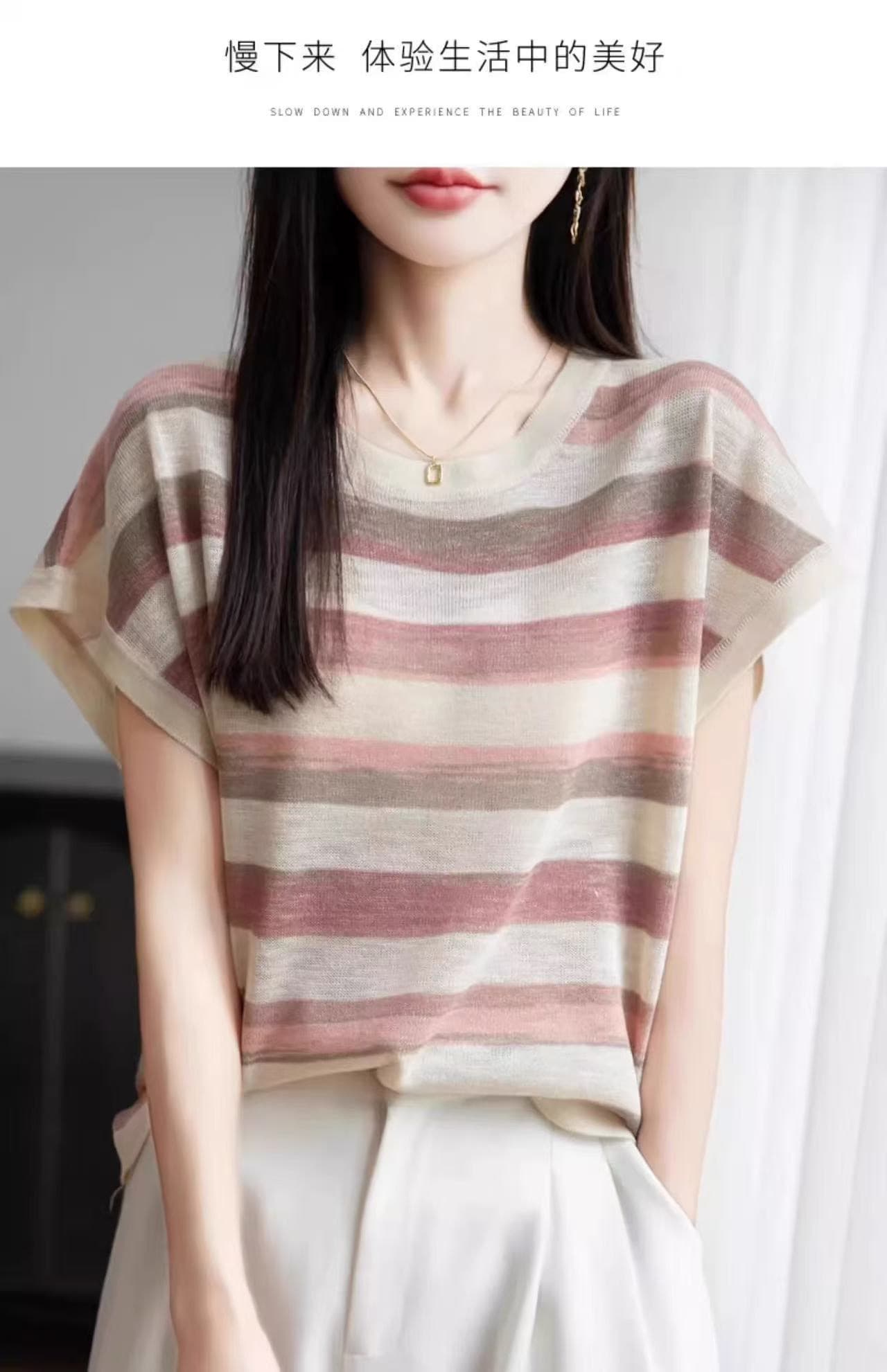 여름 아름다운 문단 염색 라운드 넥 작은 날다 소매 반팔 여성 얇은 스타일 통기성 대나무 마디 마 레트로 스트라이프 니트 티셔츠 상세 이미지 4