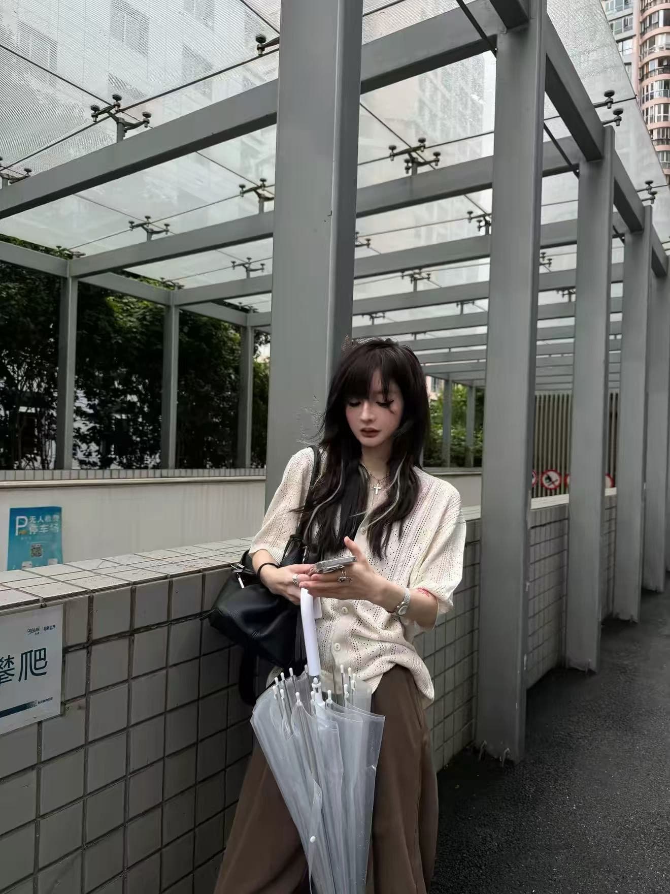 한국 cleanfit 건방진 녀석 오래된 돈 아마 혼방 더블 색상 스탠드 칼라 홀로우 아웃 얇고 가벼운 니트 반팔 캐주얼 셔츠 상세 이미지 4