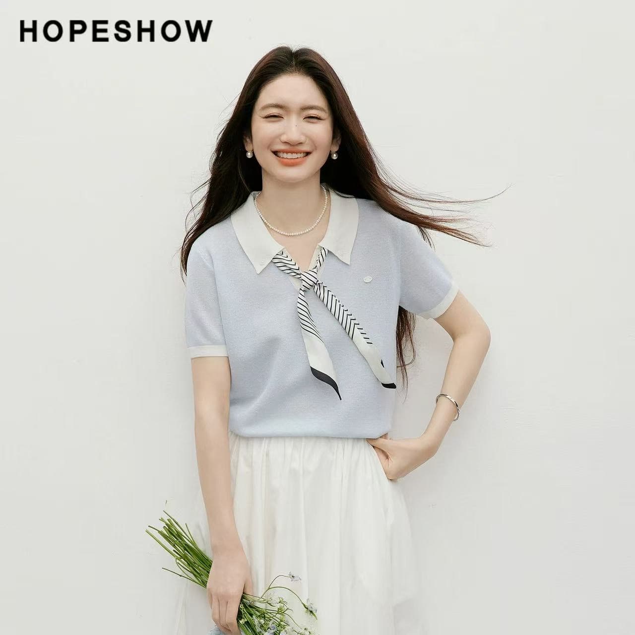 하늘색 얼음 실크 반팔 니트 스웨터 여성 여름 2026 새로운 자이언트 잘 생긴 스카프 넥타이 POLO 칼라 짧은 맨위 이미지 5