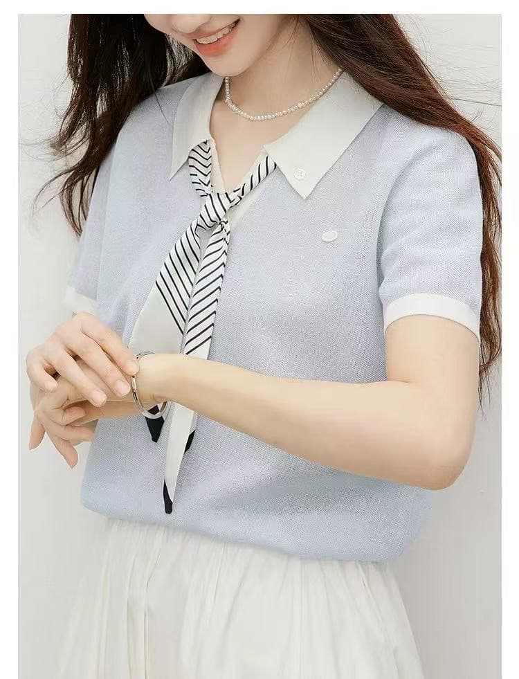 하늘색 얼음 실크 반팔 니트 스웨터 여성 여름 2026 새로운 자이언트 잘 생긴 스카프 넥타이 POLO 칼라 짧은 맨위 상세 이미지 1