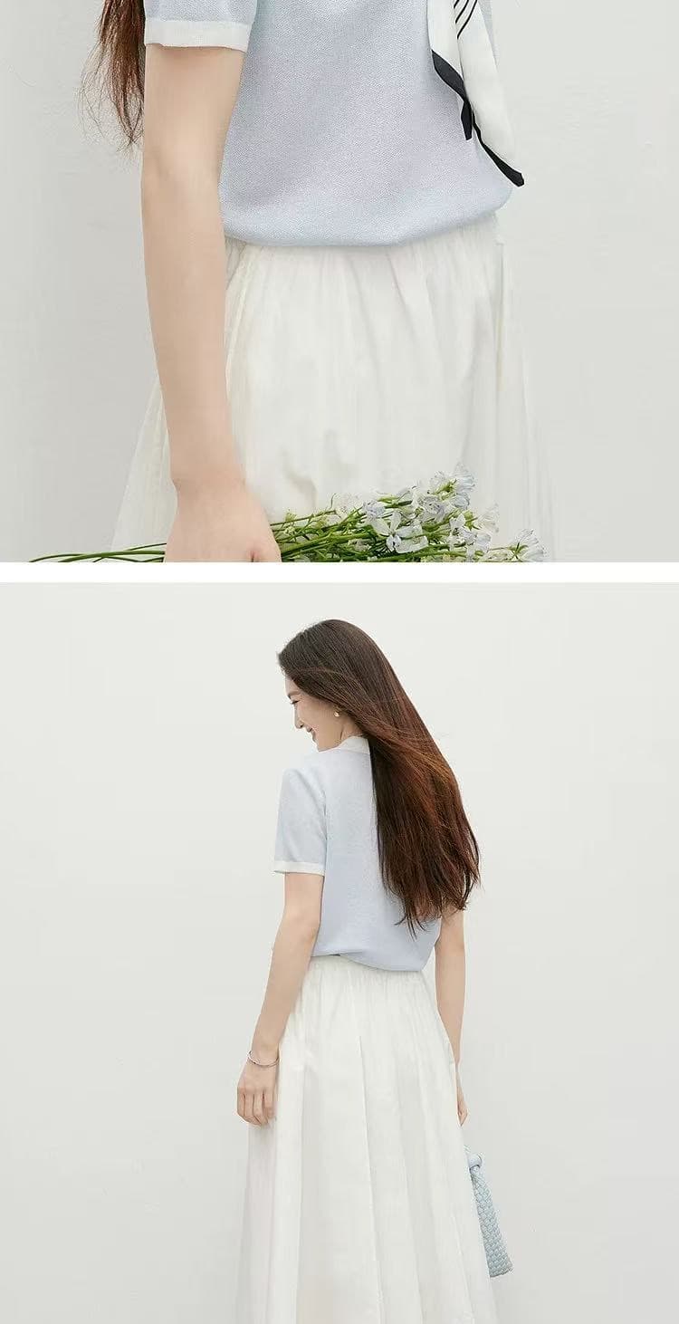 하늘색 얼음 실크 반팔 니트 스웨터 여성 여름 2026 새로운 자이언트 잘 생긴 스카프 넥타이 POLO 칼라 짧은 맨위 상세 이미지 6