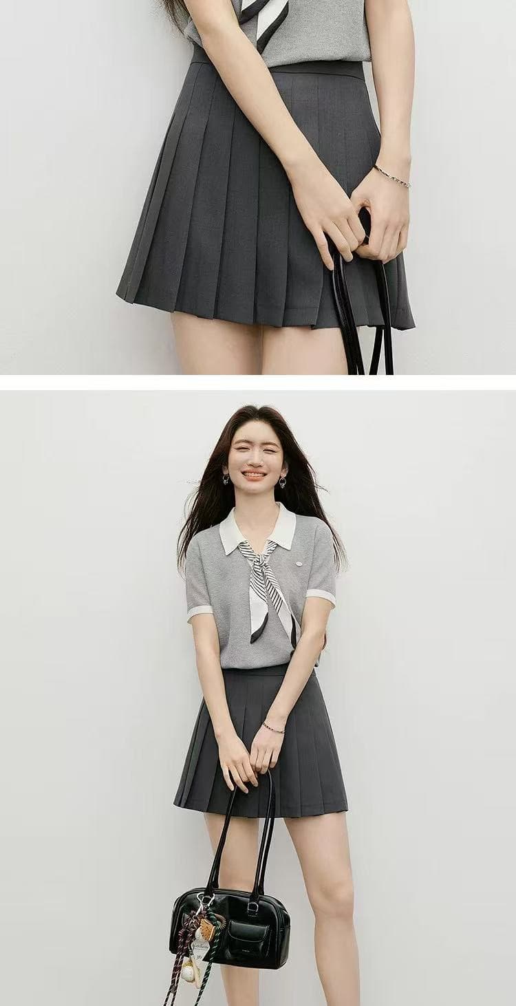 하늘색 얼음 실크 반팔 니트 스웨터 여성 여름 2026 새로운 자이언트 잘 생긴 스카프 넥타이 POLO 칼라 짧은 맨위 상세 이미지 7