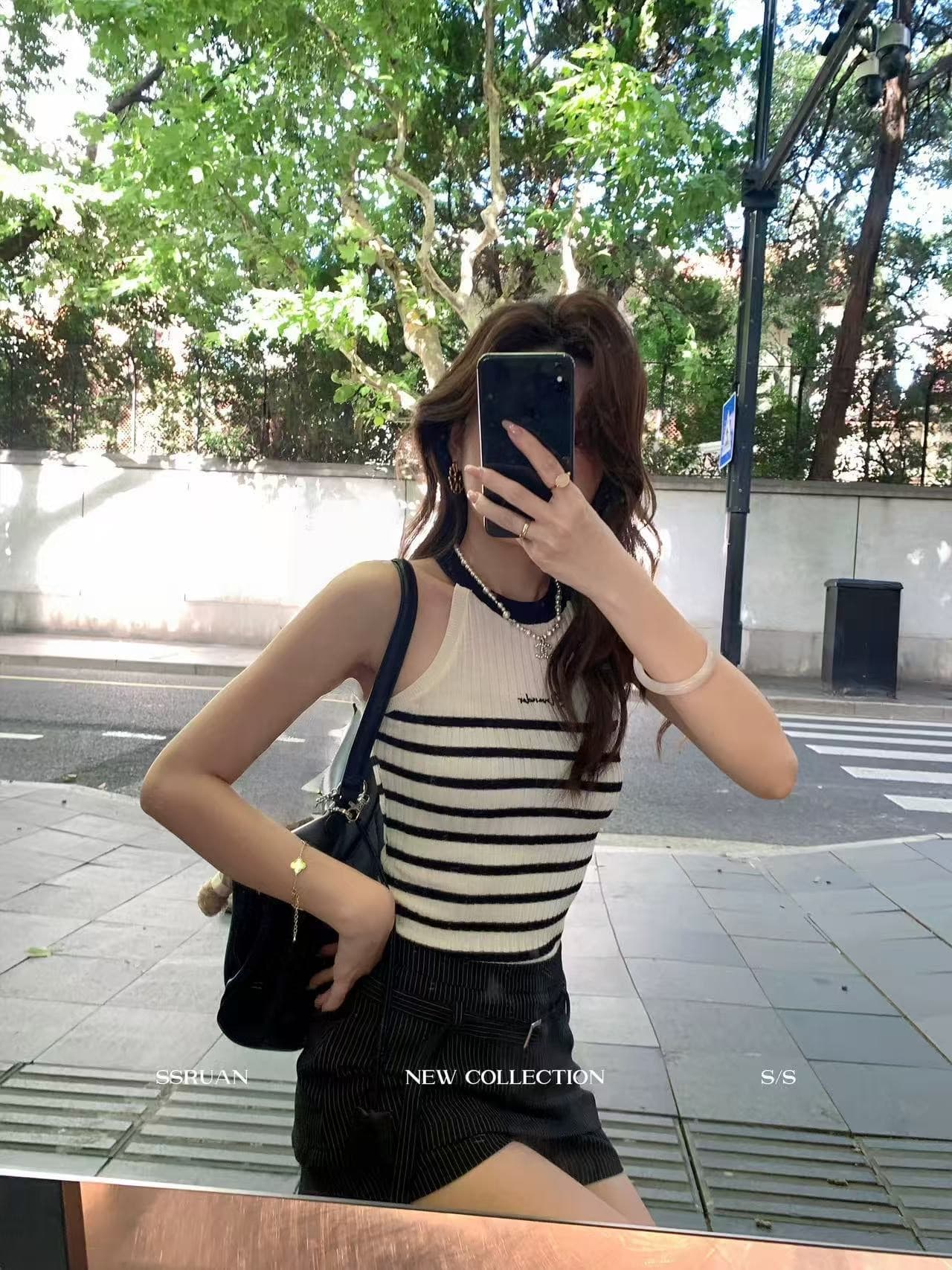 행침 목 스트라이프 배색 자수 알파벳 니트 스웨터 조끼 여성 몸매 가꾸기 슬립 민소매 얼음 실크 쇼트 스타일 맨위 여름 이미지 2