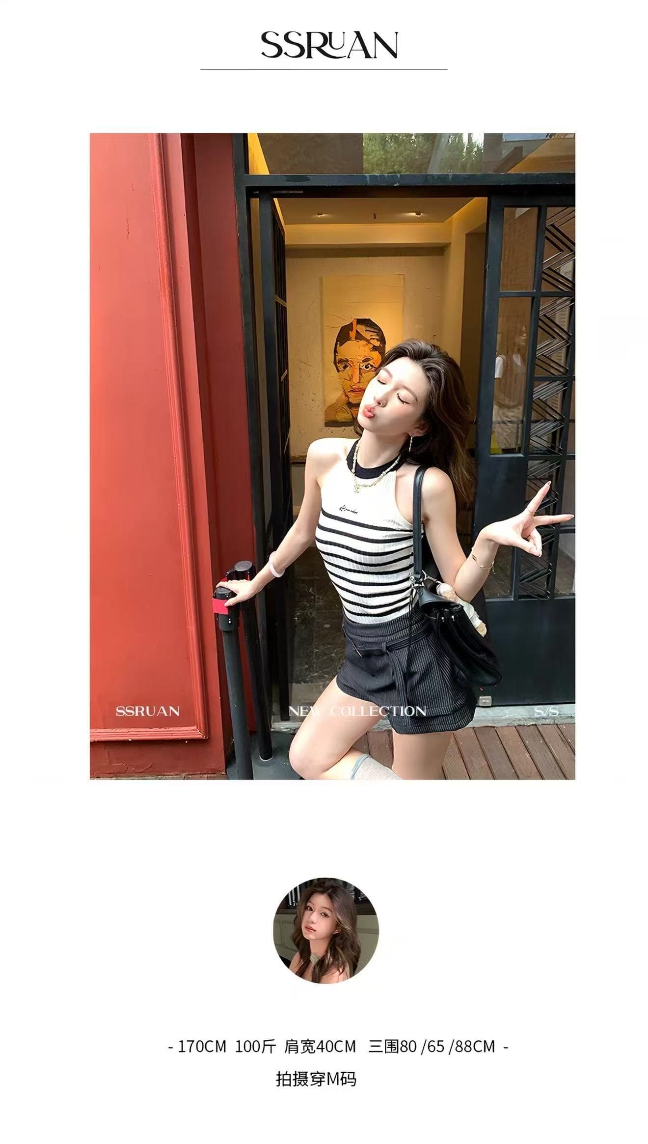 행침 목 스트라이프 배색 자수 알파벳 니트 스웨터 조끼 여성 몸매 가꾸기 슬립 민소매 얼음 실크 쇼트 스타일 맨위 여름 상세 이미지 1