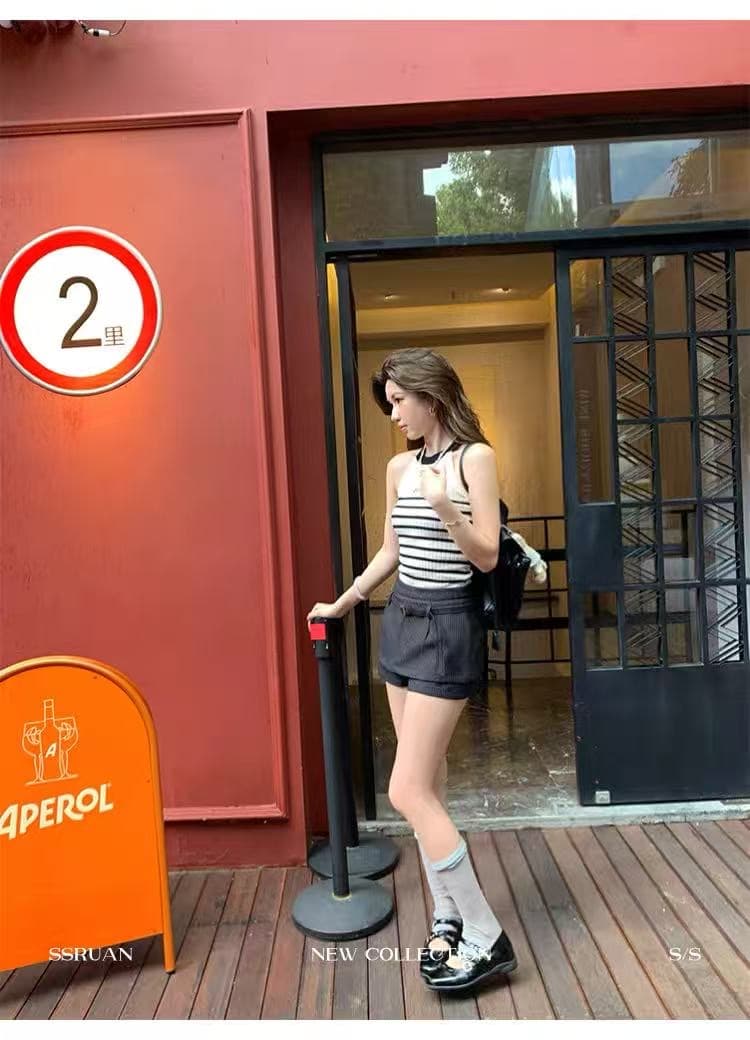 행침 목 스트라이프 배색 자수 알파벳 니트 스웨터 조끼 여성 몸매 가꾸기 슬립 민소매 얼음 실크 쇼트 스타일 맨위 여름 상세 이미지 4